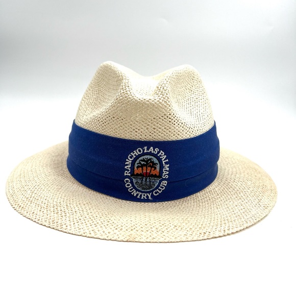 Texace Accessories - Vintage Straw Hat Fedora Woven Stiff White Blue Band Golf Festival